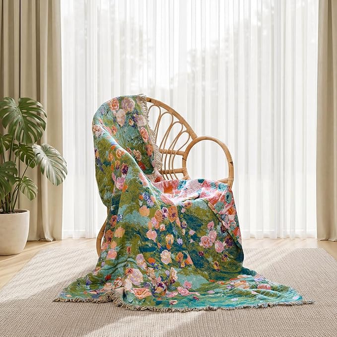 Boho Throw Blanket - 100% Cotton Throw Blankets for Bed Couch, 60"x80" Soft Muslin Lightweight Spring Throw Blanket, Cozy Floral Plant Printed Bohemain Bedding Decor Green Throw Quilt