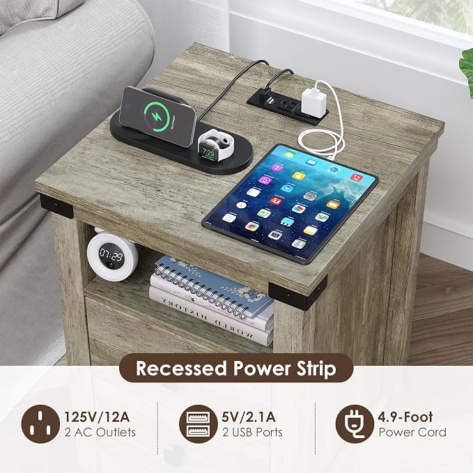 Airynee Nightstand with Charging Station, Farmhouse Nightstand with LED Lights, Modern Rustic Side Table with 2 Storage Drawers, Wooden End Table for Bedroom, Light Rustic Oak 2pcs - Image 4