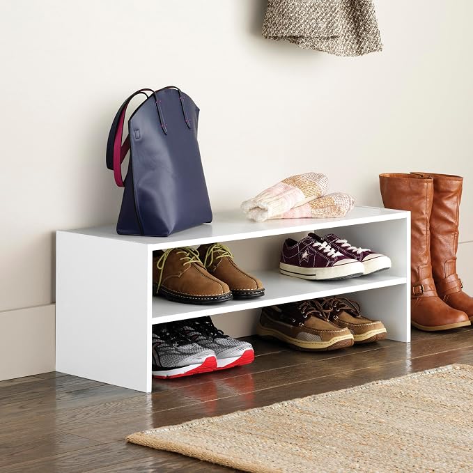 Whitmor Stackable 28" Extra Wide 2-Shelf Storage Organizer,Stackable Wood Combination Shoe Organizer Racks Shelves for Closets, Entryway, Hallway, Garage, White - Image 7