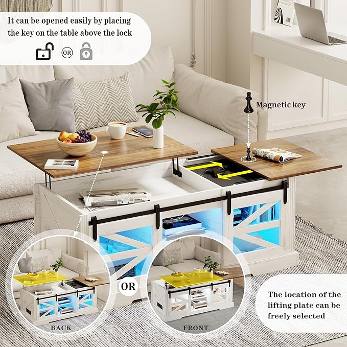 Lift Top Coffee Table with Gun Cabinet, 2 Sliding Barn Doors-Large Storage and 3 Color LED Lights fit Modern Rectangular Rustic Living Room Center Table(White)