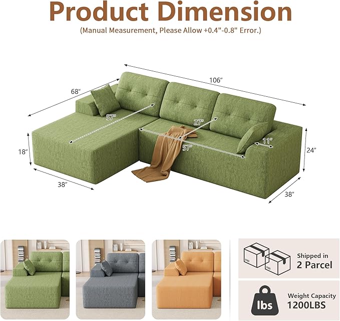 Ball & Cast 106" Modular Sectional Sofa,Cloud Chenille Couch with Deep Seat,Boneless L-Shaped Sectional,Modern Comfort Upholstered Sofa for Living Room,No Assembly Required (Green, Left Facing Chaise)