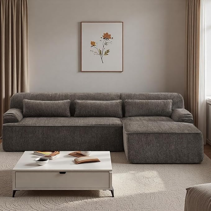 L-Shaped Sectional Sofa, Luxury Upholstered Chenille 3-Seater Sofa with Right Chaise Lounge & 3 Lumbar Pillows, Modern Comfy Oversized Couch with Side Pocket for Living Room, Apartment, Brown