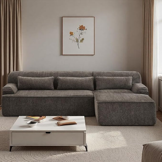 L-Shaped Sectional Sofa, Luxury Upholstered Chenille 3-Seater Sofa with Right Chaise Lounge & 3 Lumbar Pillows, Modern Comfy Oversized Couch with Side Pocket for Living Room, Apartment, Brown