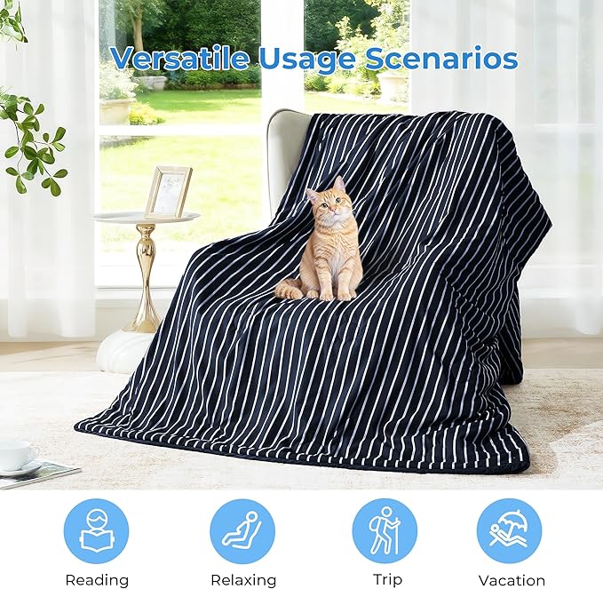 Pinstripe Cooling Comforter King Size, Q-Max 0.45 Reversible Striped Cooling Blanket for Hot Sleepers, Breathable Lightweight Silk Smooth Summer Bedding, Quilted Ice Blanket, Navy Blue