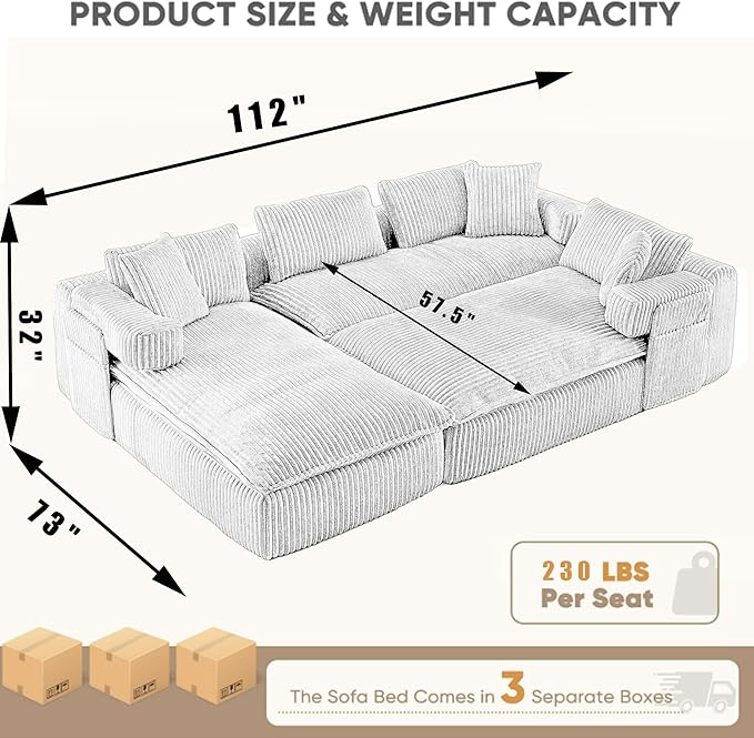 149" Oversized U Shaped Cloud Modular Sectional Sofa Boneless Couch with Double Chaise,Free Combination Convertible Floor Sofa Bed with Storage Pockets and Pillows | No Assembly
