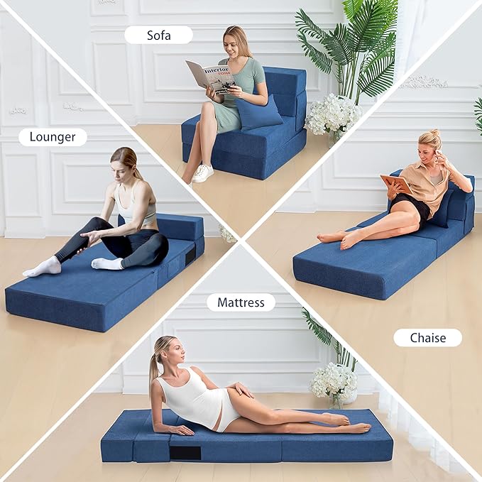 Folding Sofa Bed Chair with Pillow,Convertible Fold Out Chair Bed Sleeper,Foam Floor Mattress, Foldable Futon Couch Bed for Living Room/Dorm/Guest/Office (Blue, Twin XL)
