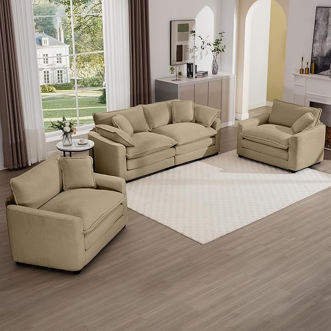 KEIKI 3-Piece Sofa Set with 1 Oversized Corduroy Loveseat Sofa & 2 Single Sofa, Upholstered 4-Seater Couch Set with 6 Pillow, High-Density Foam Cushions, Removable Armrests, for Living Room, Tan