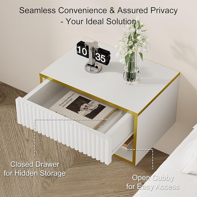 4ever2buy Floating Nightstand, Modern Night Stand with Drawer, Small Bedside Table End Table with Open Shelf Cubby, Wall Mounted Nightstand for Bedroom, White and Gold - Image 5