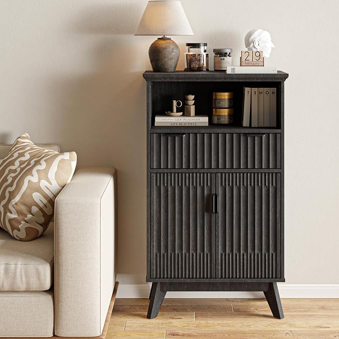 Fatmok Buffet Cabinet with Storage, 40" Modern Fluted Coffee Bar Cabinet with Drawer & Open Shelf, Wood Buffet Sideboard Console Table for Entryway, Kitchen, Living Room (Black) - Image 6