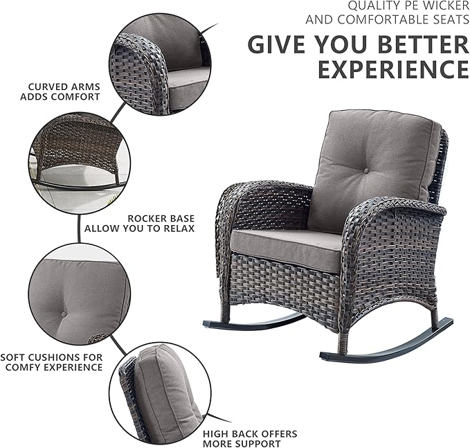 Belord Patio Rocking Chairs Furniture Set - 5 Piece Outdoor Wicker Furniture Sets with Ottomans, Small Patio Conversation Sets with Wicker Rocking Chairs Brown/Grey