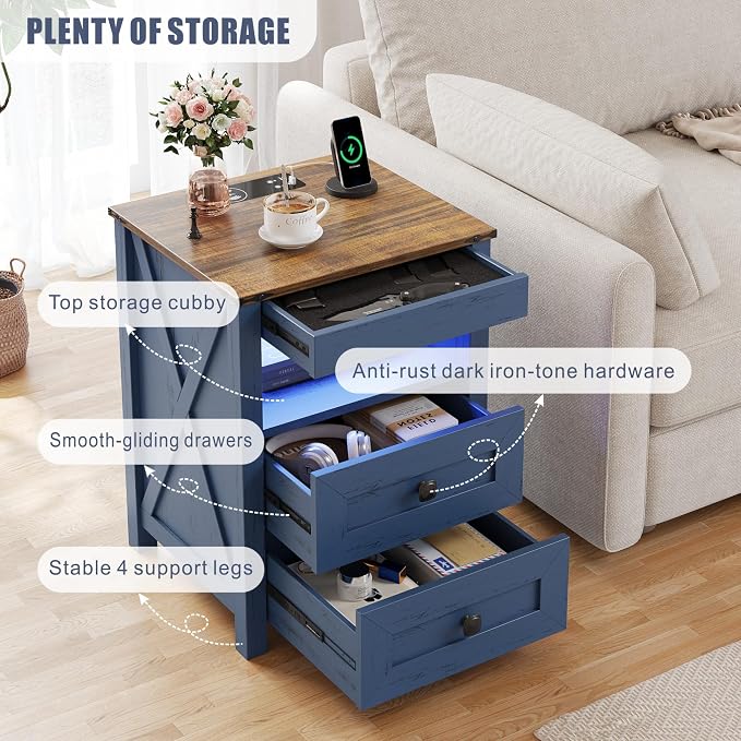 TAGELIER Farmhous Nightstand with Gun Drawer,Bedside Table with Charging Station, Gun Night Stand with LED Light & Human Sensor,Smart End Table for Bedroom, Blue - Image 6