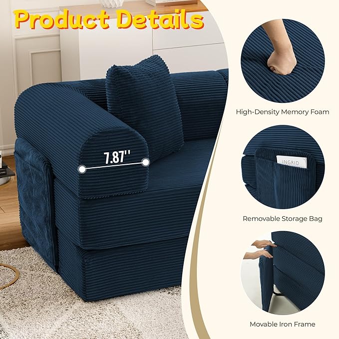 106.3" L Shape Convertible Sleeper Sofa Bed, Oversized Modular Sectional Cloud Sofa with Fixed-Shape Frame & Storage Pocket, Boneless Couch for Living Room, No Assembly Required, Blue