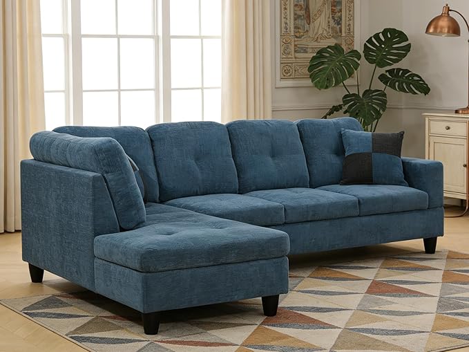 103.5 Inch Modern L-Shaped Couch, Flannel Sectional Sofa with Chaise Lounge, 4-Seater Couch with Accent Pillows for Living Room, Apartment, Dark Blue
