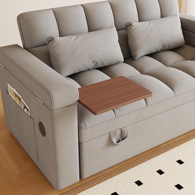 Convertible Sofa Bed, 5-in-1 Pull Out Couch with Side Table, Loveseat Sleeper Sofas Bed Couch with USB Port, 65‘’ Velvet Pull Out Sofa Beds for Living Room, Bedroom, Apartment
