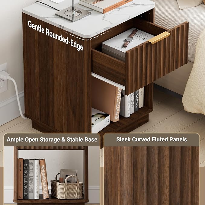 Fluted Nightstand, Night Stand Set 2, 23" Wide Walnut Nightstands Set of 2 with Charging Station & Faux Marble Top, Large Modern End Table with Drawer, Bedside Table for Bedroom Living Room - Image 4