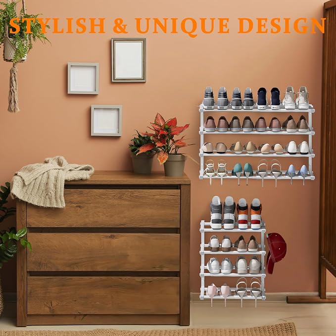 3 Pack Wall Mounted Shoe Rack, 4 Tier Hanging Shoe Rack Holds 48 Pairs, 17"-30" Adjustable Heavy Duty Wall Shoe Shelf with 6 Storage Hooks, Space Saving for Closet Entryway, White - Image 5