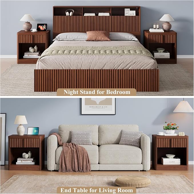 YANSNWO Fluted Nightstand with Charging Station, 23.6" Bedside Table with Open Shelf and Drawers Storage, End Table with Solid Wood Handle, Curved Profile Design, Night Stand for Bedroom, Walnut - Image 7