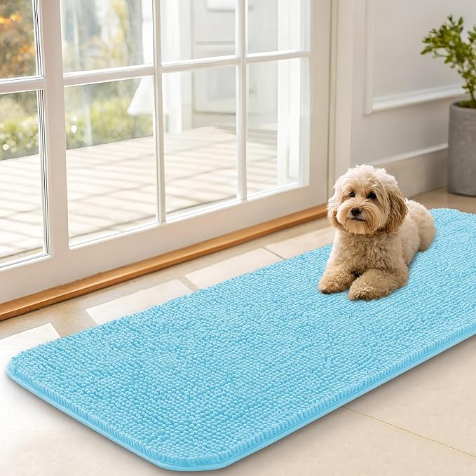 OLANLY Dog Door Mat for Muddy Paws 47x17, Absorbs Moisture and Dirt, Absorbent Non-Slip Washable Doormat, Quick Dry Chenille Mud Mat for Dogs, Entry Indoor Entryway Carpet for Inside Floor, Blue by OLANLY