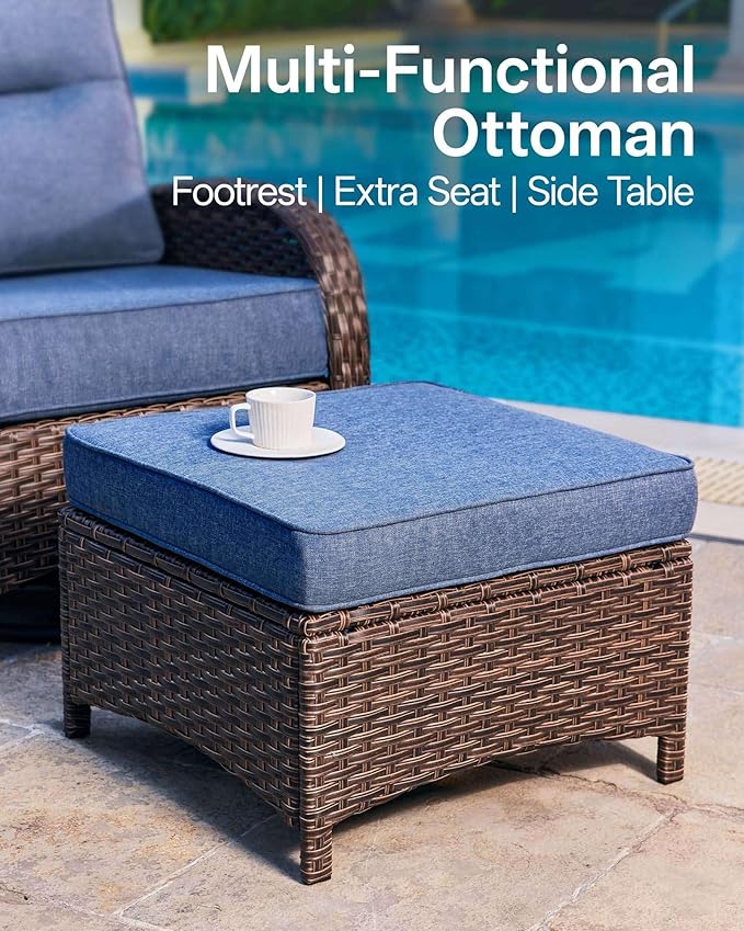 Patio Furniture Set with 6-Inch Thick Cushions, High Back Outdoor Swivel Rocker Chairs, Patio Couch and Ottomans, 6-Piece Easy Assembly Conversation Set for Porch Deck Pool Yard in Blue