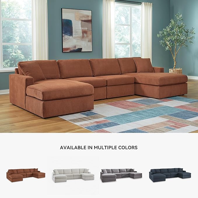 Signature Design by Ashley Modmax Stain Resistant Minimalist Modular Anti Sag 4-Piece Double Chaise Sectional with Loose Reversible Cushions and 2 Accent Pillows, Orange