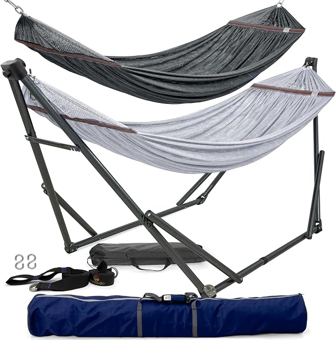 Tranquillo Combo x2 Hammocks with Stand for Outside & Tree Straps, Heavy Duty Hammock with Stand 600lbs for Indoor Outdoor Patio Backyard, x2 Hammocks for 2 Person (Combo - Grey, Medium) by Tranquillo