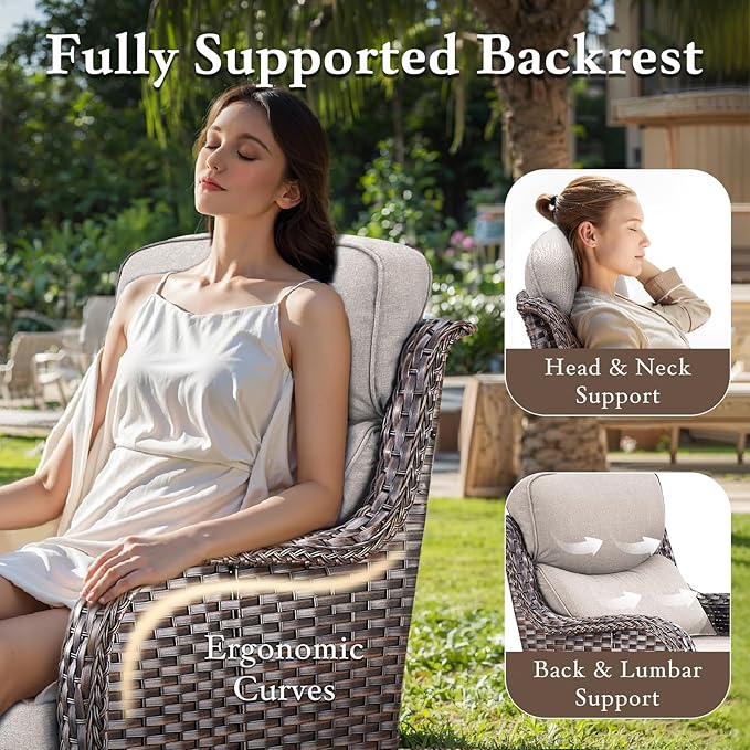 Luxury High Back Outdoor Furniture Set with 6-inch Thick Cushions, Patio Furniture Set with Swivel Chairs, 10 PCS Wicker Conversation Set for Yard, Deck, Poolside, Brown/Beige