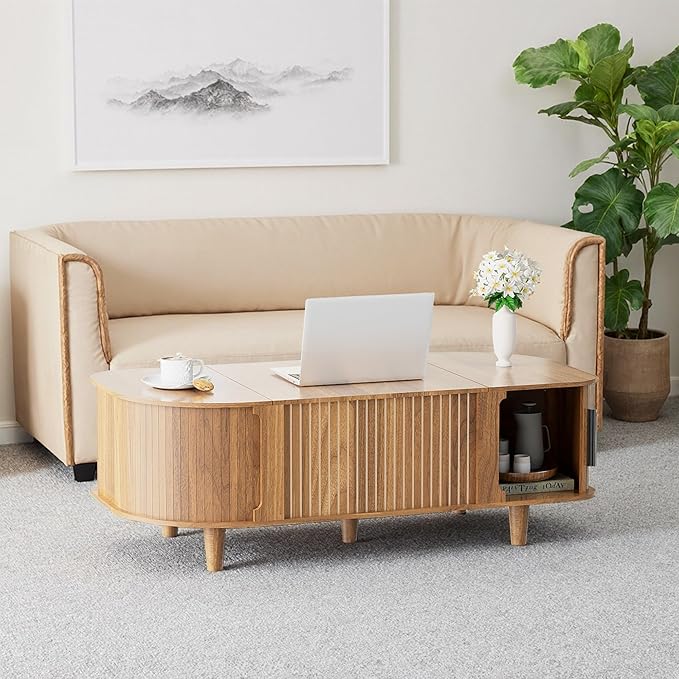 Lift Top Coffee Table, Oval Mid Century Modern Center Table with 3 Hidden Storage, 41" Coffee Tables with Sliding Door and Open Cabinet for Living Room Bedroom Office, Walnut Wood