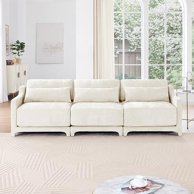 Ball & Cast 105.9” Modular Sectional Sofa, Comfy Cloud Couch with Lumbar Pillows, Deep Seat Chenille Modular Sofa, Sectional Couches for Living Room, Bedroom and Apartment, Beige