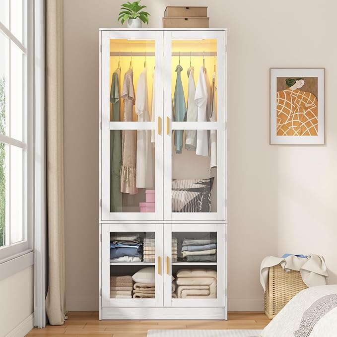 chartustriable 2 Doors Armoire Wardrobe Closet with LED,71" H Freestanding Wooden Wardrobe Closet Cabinet for Bedroom,Wooden Clothing Storage Cabinet with Hanging Rod,Closets for Bedroom(White)