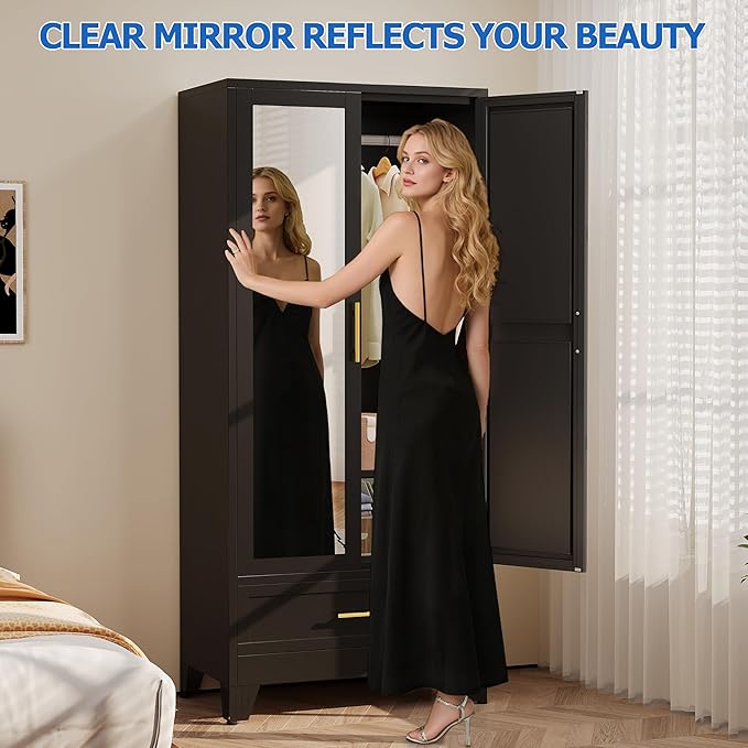 GAIOUS Steel Armoire Wardrobe Closet with Mirror Doors, 71" Household Wardrobe Cabinet with Hanging Rod and Drawer, Metal Clothing Storage Cabinet with Adjustable Shelf for Bedroom, Cloak, Gym(Black)