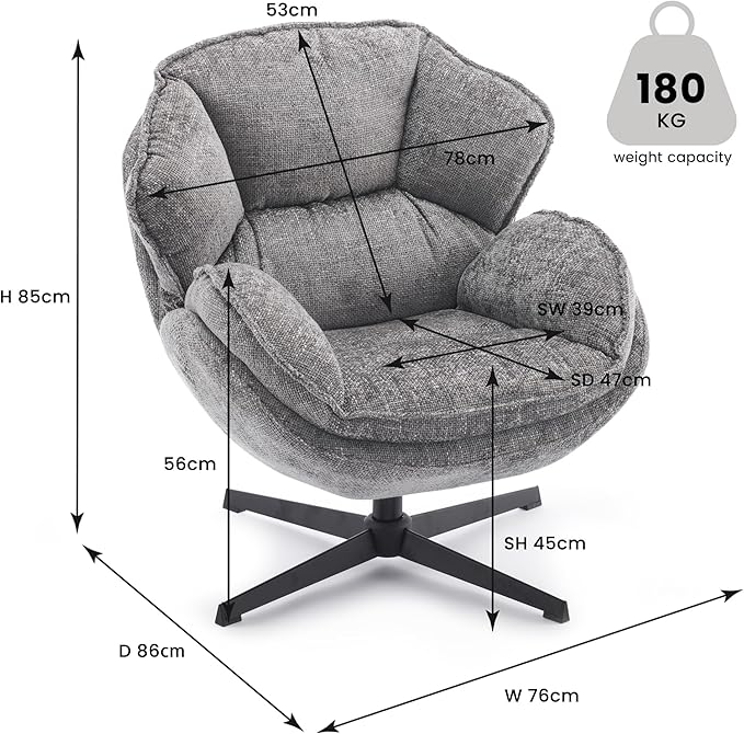 IWMH Swivel Accent Chair for Living Room, Upholstered Armchair with Metal Legs, Lounge Sofa Chair, Comfy Leisure Chairs for Bedroom Reading (Gray)
