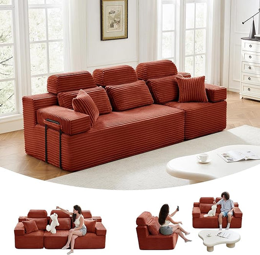 101" 3 Seater Sofa Cloud Modular Sectional Sofa with Chaise & Headrest, Boneless Deep Seat Plush Corduroy Couches for Large Living Room, No Assembly Required (Orange, 101" 3 Seater)