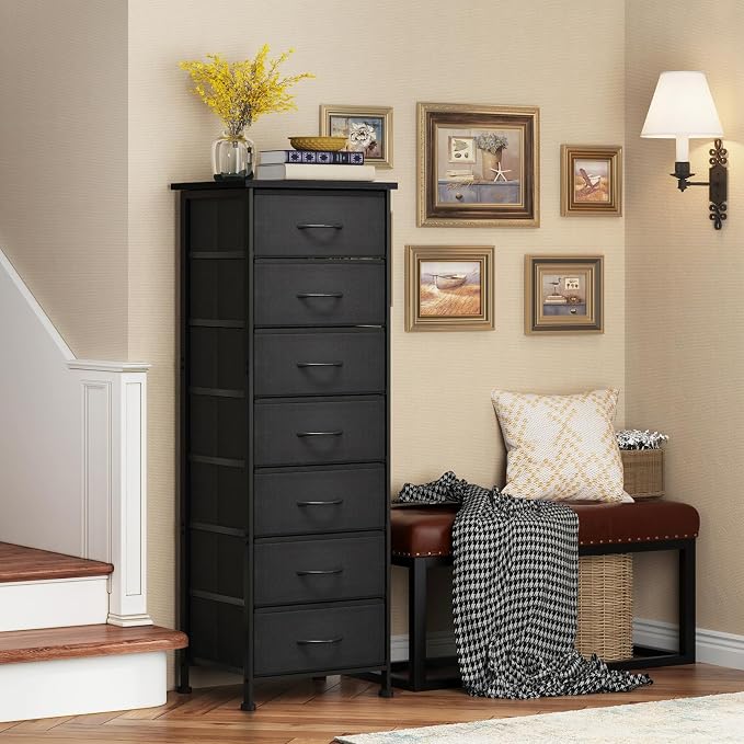 Fixwal Black Tall Skinny Dresser for Bedroom, Narrow Storage Dresser Organizer with 7 Fabric Drawers, Nightstand Furniture in Closet, Entryway, Hallway - Image 5