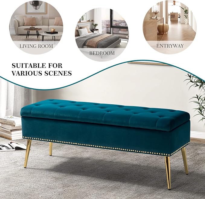 HULALA HOME Modern Velvet Storage Ottoman Bench with Gold Base & Nailhead Trim, Upholstered Bedroom Bench for End of Bed, Button-Tufted Footstool for Entryway Living Room Dining Room, Teal - Image 6