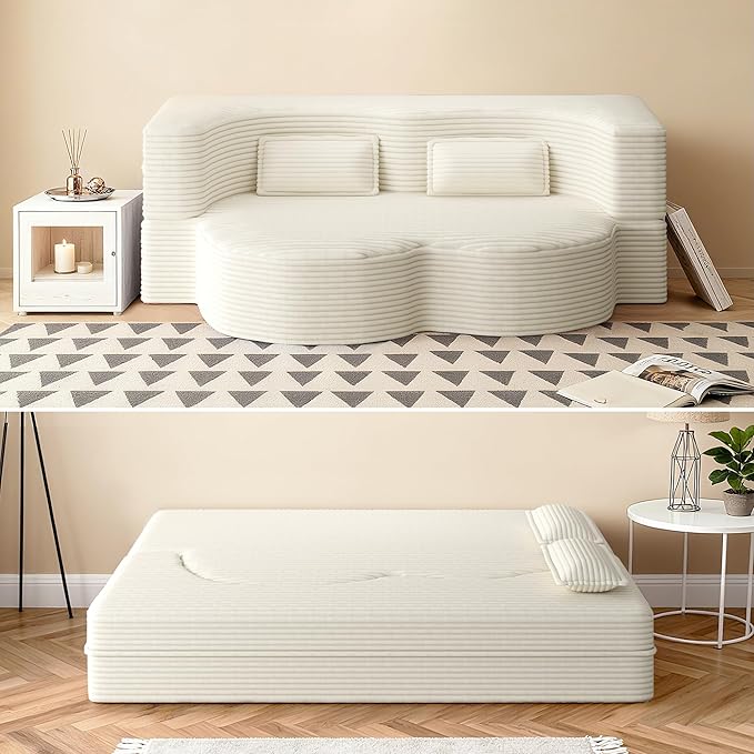 78" Convertible Sofa Bed, 2-in-1 Folding Floor Couch with 2 Pillows, Sleeper Sofa for Living Room and Bedroom, No Assembly Required (Beige, Corduroy Fabric)