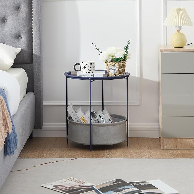 VECELO Round Side/End Table with Fabric Storage Basket，Metal Anti-Rust and Waterproof Small Bedside Nightstand with Removable Tray Top for Living Room，Balcony & Laundry，Blue /1pcs with Basket - Image 6
