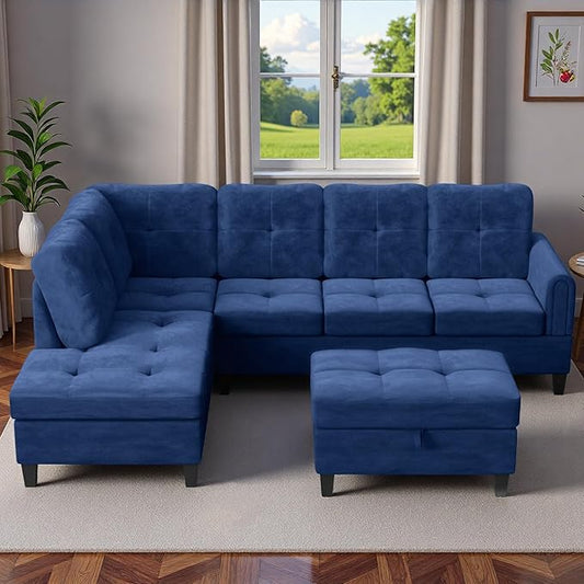 3-Piece L-Shaped Modular Sectional Sofa with Movable Chaise & Storage Ottoman, Convertible Lounge Couch for Living Room, Apartment & Office, Blue