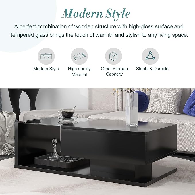 Modern Coffee Table with Tempered Glass, Wooden Cocktail Table with High-Gloss UV Surface, Modernist 2-Tier Rectangle Center Table for Living Room, Black
