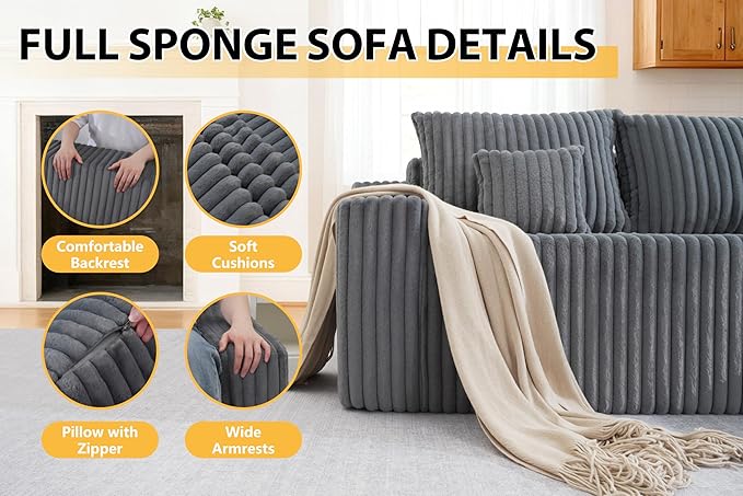 Homguava 94'' Cloud Sectional Couch, Modular L-Shape Couch with Chaise, Boneless Sofa with Deep Seat for Living Room Bedroom,No Assembly Required(Grey,Right Facing Chaise)