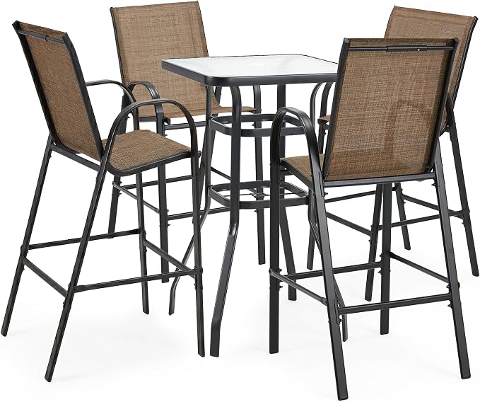 HOMREST Outdoor Bar Height Stools Set of 5,4 High Back Patio Bar Chairs with Outdoor High Top Table,All Weather Outdoor High Top Bistro Set Furniture for Patio,Balcony,Brown by HOMREST