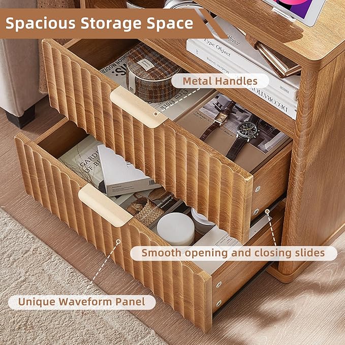LEYAOYAO 42" Tall Fluted Dresser and 2 Drawers 23" Nightstand Set of 2, Wooden Dresser & Night Stand with Charging Station, 3 Piece Bedroom Furniture Set, Wood Chest of Drawer for Living Room,Brown