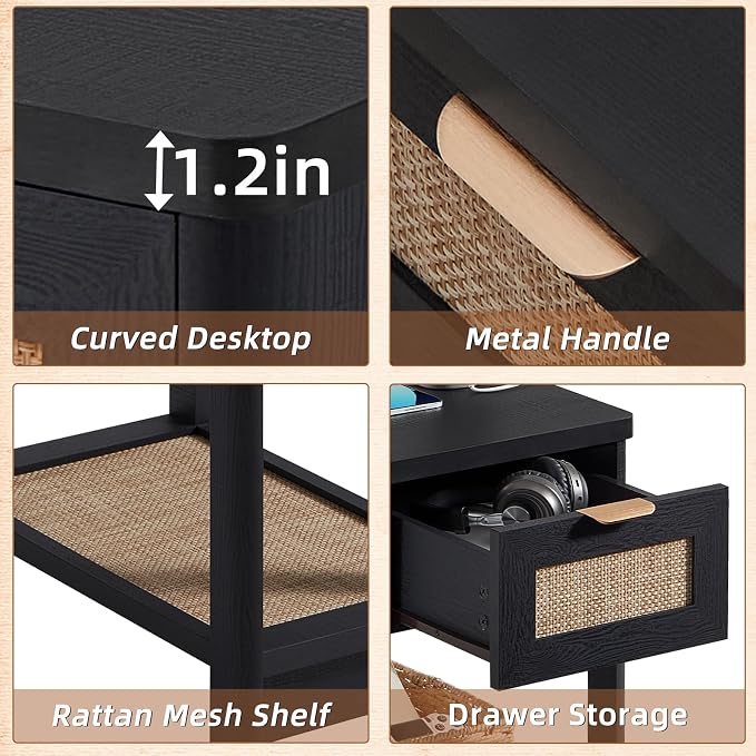Lerliuo Narrow Night Stand Set of 2 with Charging Station, Boho Nightstand with Drawer, Bed Side End Table with Rattan Shelf for Small Spaces, Wood Nightstands Bedside Tables for Living Room Bedroom - Image 8