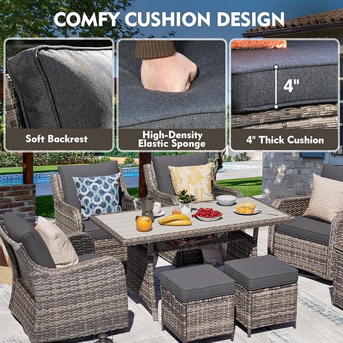 MEISSALIVVE Outdoor Patio Furniture Set with Swivel Chairs, 8 Pieces Wicker Patio Conversation Set, Outdoor Patio Set with 2 Swivel Rocking Chair & 2 Single Chair, 2 Ottomans and Dining Table (Grey)