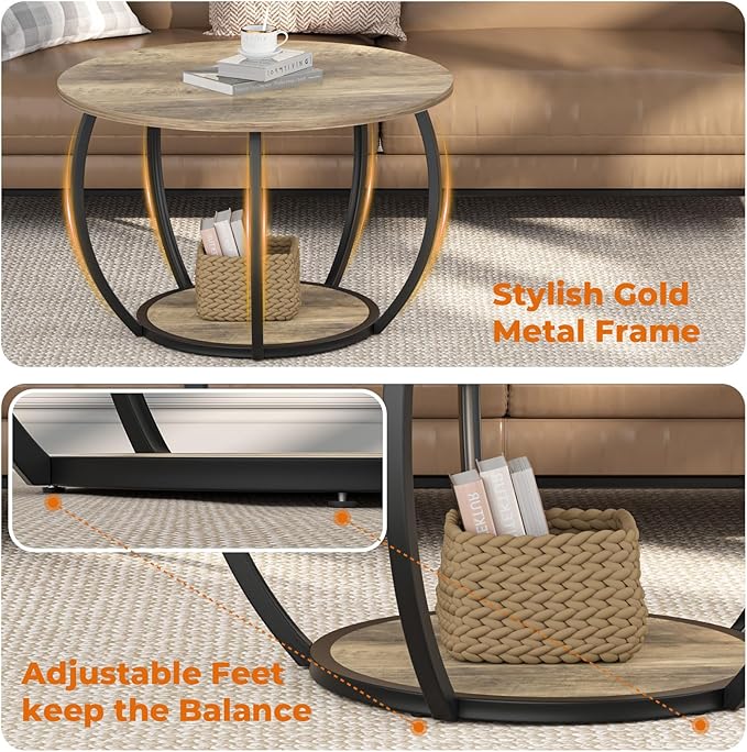 GreenForest Round Coffee Table with 2-Tier Open Storage, 27.6 inch Small Circle Coffee Tables with Adjustable Feet, Modern Mini Center Table for Small Living Room, Grey Wash