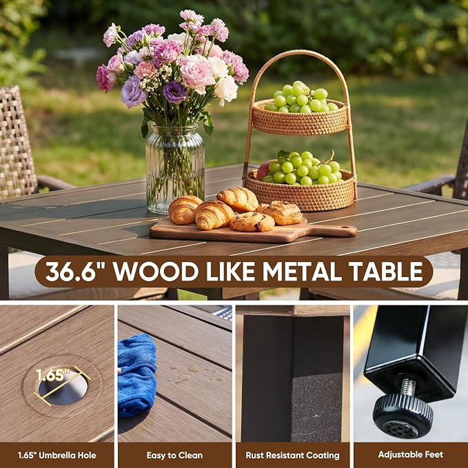 Natural Expressions Outdoor Dining Set,Patio Table and Chairs Set with 4 Wicker Rattan Chairs with Cushion, 5 Piece Patio Dining Set for 4,36.6" Woodgrain Table,1.65" Umbrella Hole,Patio Sets for Yard - Image 4