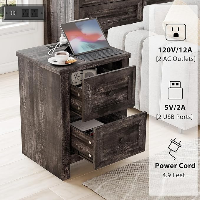 LUXOAK Bedroom Dresser and Nightstand 3 Piece Set, 1 X Rustic Wood 6 Drawer Dresser, 2 X Farmhouse Nightstand with Charging Station, Farmhouse Bedroom Furniture Set, Dark Oak
