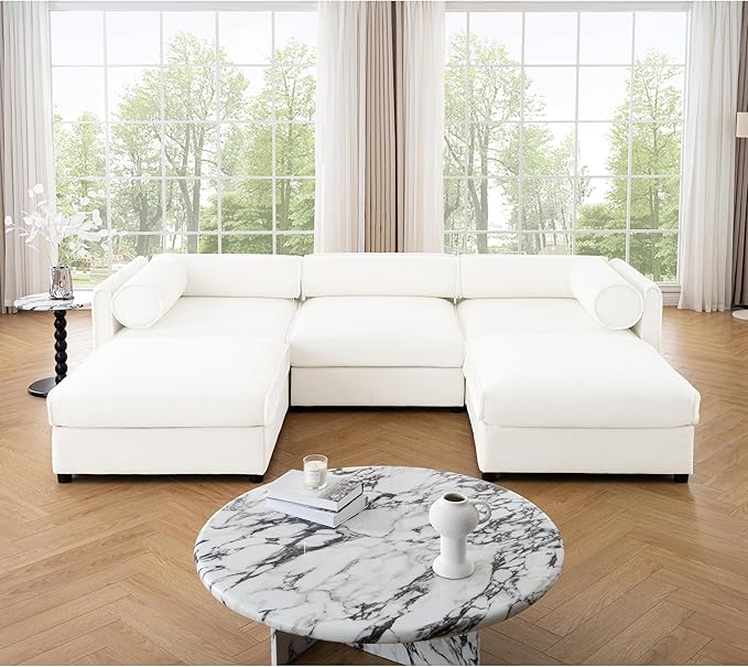 KEIKI 109" U-Shaped Modular Chenille Sectional Sofa with Storage Seat, 2 Ottoman, Modern Style 3-Seater Couch with Cylindrical Backrest and Armrests, Easy Assembly, for Apartment, Living Room, White