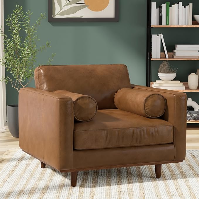 SIMPLIHOME Morrison Arm Chair - 42 inch Wide Upholstered Genuine Leather Mid-Century Modern Accent Chair in Caramel Brown with Solid Wood Legs, Reversible Bolster Pillows and Reclined Back