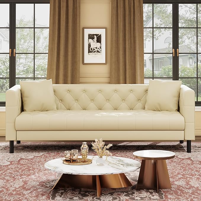IDEALHOUSE Mid Century Modern Sofa 81 inch, Faux Leather Sofa 3 Seater, Apartment Sofa for Living Room, Chesterfield Tufted Couch with Deep Seats and 2 Pillows, Sectional Style Couch, Beige