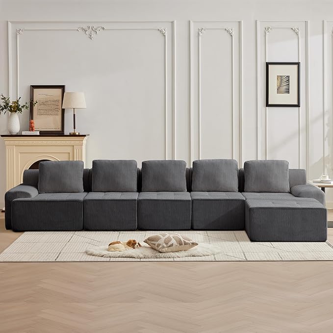 158.2'' Modular Sectional Sofa with Movable Ottoman, 5 Seat Deep Seat Couch with 5 Pillows, Comfy Cloud Sectional Sofa for Living Room, Bedroom (Grey, 1 Left+1 Right+3 Middle+1 Ottoman)